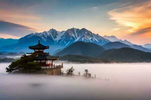 een pagode zit Aan top van een berg omringd door mist. ai-gegenereerd foto