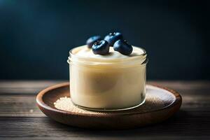 yoghurt met bosbessen Aan een houten tafel. ai-gegenereerd foto