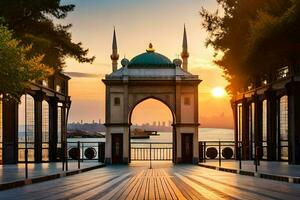 de zon sets achter een moskee in Istanbul. ai-gegenereerd foto