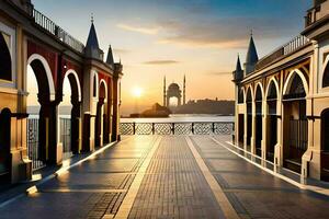 zonsondergang over- de Bosporus brug. ai-gegenereerd foto