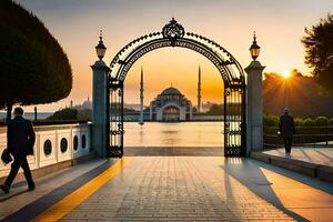 de zon sets achter de blauw moskee in Istanbul. ai-gegenereerd foto