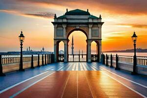 zonsondergang over- de Bosporus brug. ai-gegenereerd foto