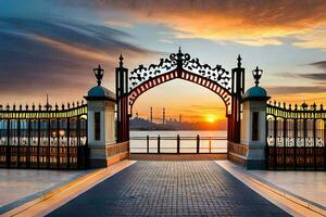 zonsondergang, Istanbul, de blauw moskee, de poort, de stad, de stad. ai-gegenereerd foto