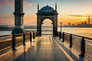 zonsondergang over- de Bosporus brug. ai-gegenereerd foto