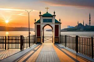 zonsondergang over- de Bosporus brug. ai-gegenereerd foto