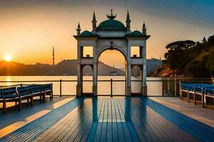 de zon sets over- de water en een moskee. ai-gegenereerd foto