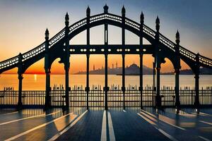 de zon sets achter een brug met een poort. ai-gegenereerd foto