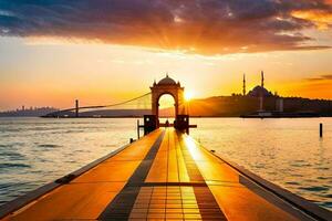 zonsondergang over- de Bosporus brug. ai-gegenereerd foto