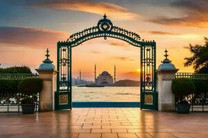 de poort naar de blauw moskee Bij zonsondergang. ai-gegenereerd foto
