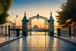 de poort naar de moskee Bij zonsondergang. ai-gegenereerd foto