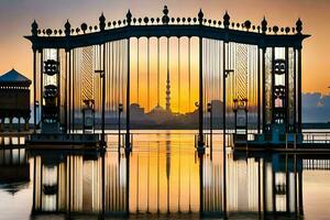 de poort van de moskee Bij zonsondergang. ai-gegenereerd foto