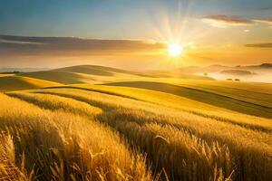 een mooi zonsopkomst over- een veld- van tarwe. ai-gegenereerd foto