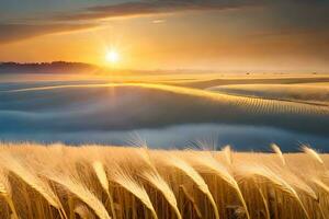 een veld- van tarwe is gezien in de zonsondergang. ai-gegenereerd foto