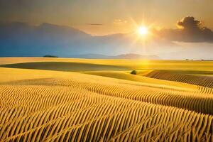 een gouden tarwe veld- Bij zonsondergang. ai-gegenereerd foto