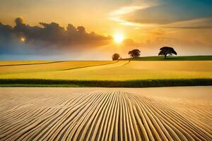 een veld- met bomen en een zonsondergang in de achtergrond. ai-gegenereerd foto