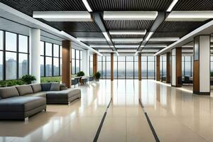een modern kantoor lobby met groot ramen en een groot bank. ai-gegenereerd foto