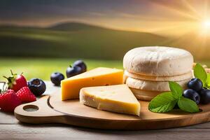 kaas, bessen en andere fruit Aan een houten bord. ai-gegenereerd foto