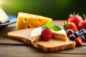 kaas, aardbeien en kaas Aan een houten snijdend bord. ai-gegenereerd foto