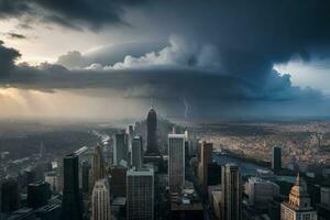 een storm is gezien over- een stad met hoog gebouwen. ai-gegenereerd foto