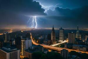 bliksem stakingen over- een stad Bij nacht. ai-gegenereerd foto