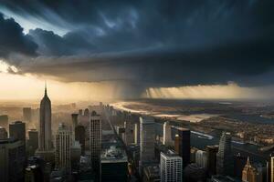 een storm wolken over- de stad horizon. ai-gegenereerd foto