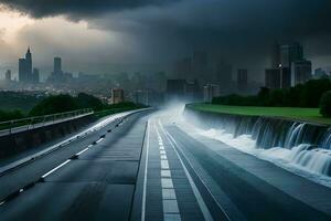 een stad horizon met een waterval en een weg. ai-gegenereerd foto