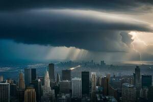 een storm is gezien over- de stad van nieuw york. ai-gegenereerd foto