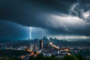 een stormachtig nacht in de stad met bliksem en regen. ai-gegenereerd foto