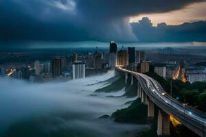 een brug over- een rivier- met mist en wolken. ai-gegenereerd foto