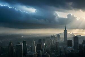 een stormachtig lucht over- een stad met hoog gebouwen. ai-gegenereerd foto