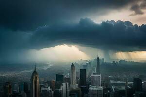 een storm is gezien over- de stad horizon in nieuw york. ai-gegenereerd foto