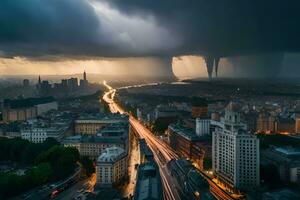 een stad met een tornado komt eraan naar beneden over- het. ai-gegenereerd foto