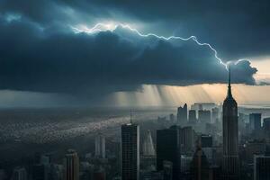 een storm is gezien over- de stad horizon met bliksem. ai-gegenereerd foto