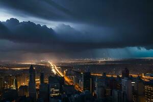 een stormachtig nacht over- een stad met een veel van lichten. ai-gegenereerd foto