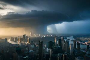 een storm is gezien over- een stad met hoog gebouwen. ai-gegenereerd foto