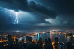 bliksem stakingen over- een stad Bij nacht. ai-gegenereerd foto