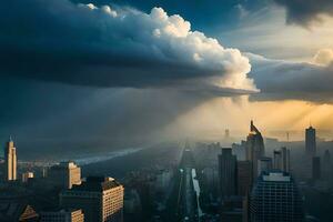 een stad horizon met een storm komt eraan in van de lucht. ai-gegenereerd foto