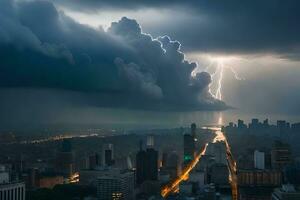 een bliksem bout stakingen door de wolken bovenstaand een stad. ai-gegenereerd foto