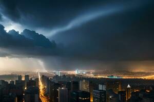 bliksem stakingen over- een stad Bij nacht. ai-gegenereerd foto