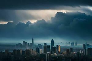 een stad horizon is gezien onder een donker lucht. ai-gegenereerd foto