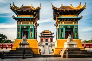 twee Chinese poorten met geel en groen daken. ai-gegenereerd foto