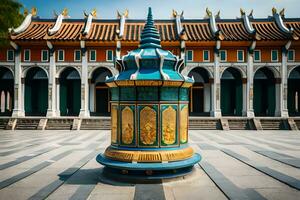 een groot blauw en goud pagode in voorkant van een gebouw. ai-gegenereerd foto