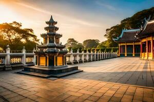 de zon is instelling over- een pagode in een Chinese tuin. ai-gegenereerd foto