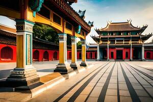 de binnenplaats van een Chinese tempel met rood en geel pijlers. ai-gegenereerd foto