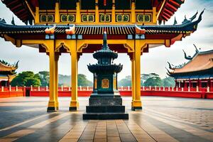 een Chinese tempel met een pagode in de midden. ai-gegenereerd foto