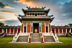 de Chinese tempel Bij zonsondergang. ai-gegenereerd foto