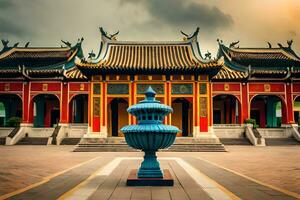 een Chinese tempel met een groot blauw vaas in voorkant van het. ai-gegenereerd foto