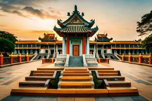 de Chinese tempel Bij zonsondergang. ai-gegenereerd foto