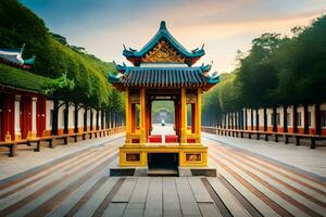 een Chinese pagode in de midden- van een park. ai-gegenereerd foto