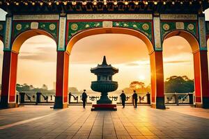 de zon is instelling over- een Chinese tempel. ai-gegenereerd foto